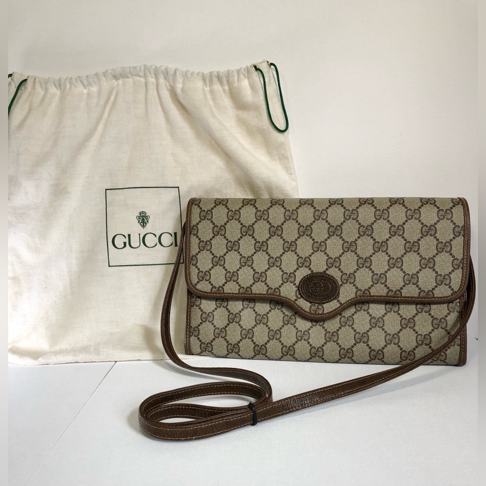 Vintage Gucci GG Supreme Monogram Canvas Leather Flap Clutch Shoulder Bag COA